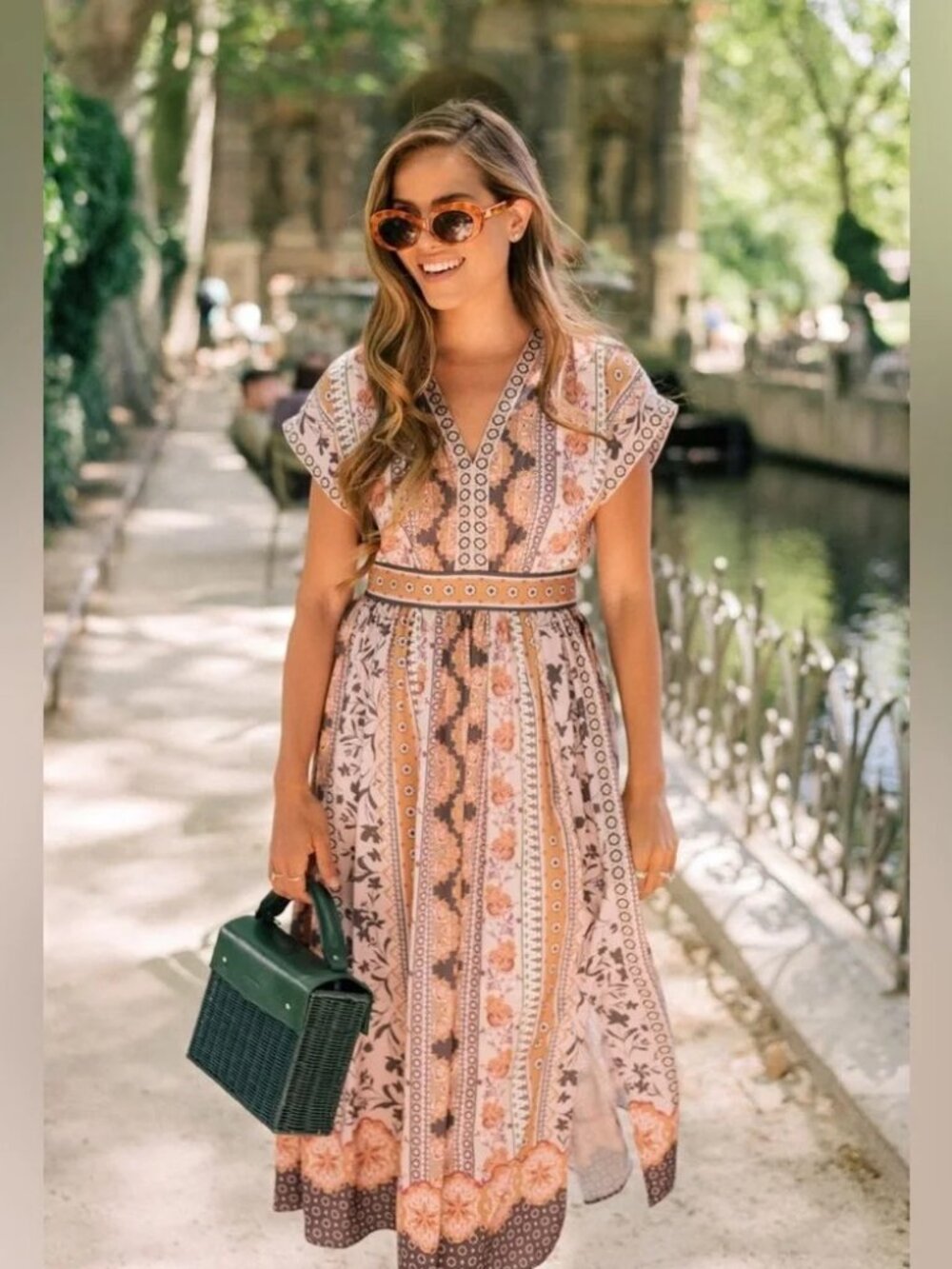 Gal Meets Glam Liza Floral Stripe V-Neck Midi Dress in Pink and Olive